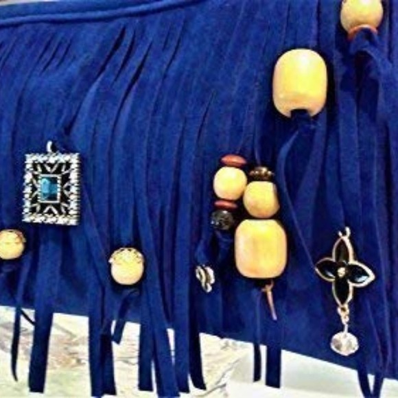 Fringed CROSSBODY BLUE Purse Clutch w Chain Charm Enamel Flower Charm - Picture 4 of 13